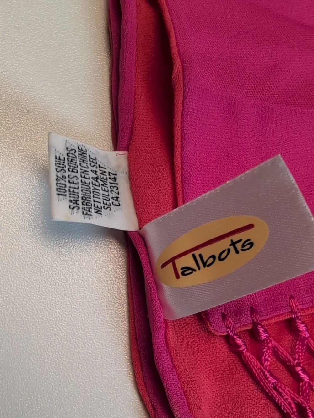 Talbots 100% Silk Vibrant Pink/Coral Fringed Scarf  NWOT